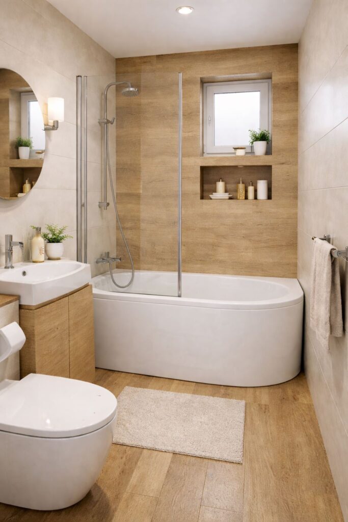 mała łazienka z wanną i parawanem nawanowym 