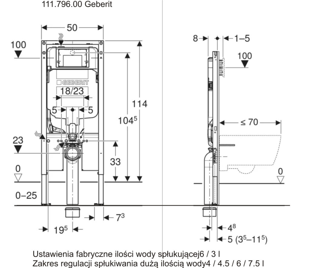 rysunek techniczny stelaża podtynkowego WC