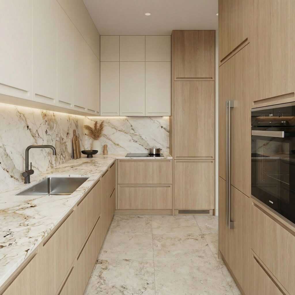 ąska kuchnia z jednokomorowym zlewem i większą przestrzenią blatu