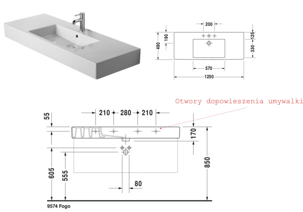 sunek techniczny umywalki z blatem ceramicznym z otworami montażowymi do ściany