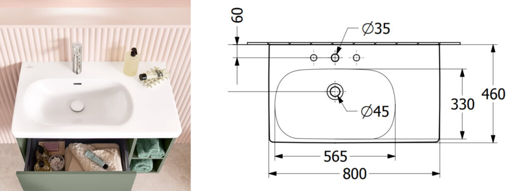 umywalka z blatem ceramicznym 80 cm z rysunkiem technicznym do małej łazienki