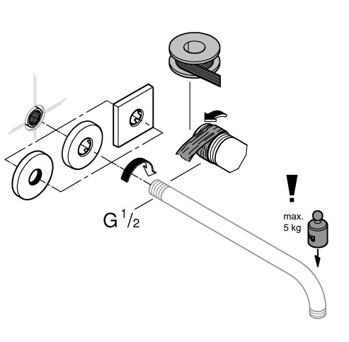 Schemat techniczny montażu deszczownicy GROHE z ramieniem ściennym, przyłączem G 1/2 oraz elementami uszczelniającymi